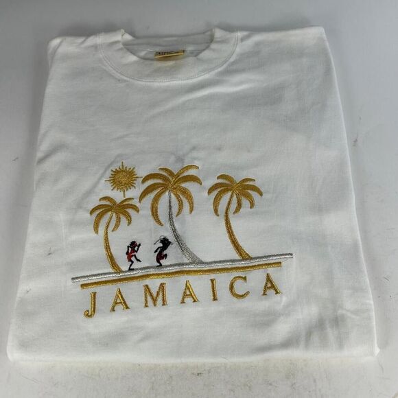 VTG American Tee's Jamaica Embroidered T-SHIRT Size XL White Short Sleeve - Picture 2 of 14